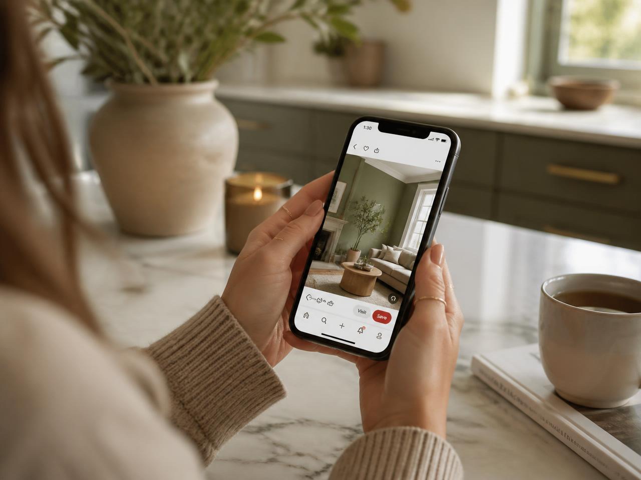 A homeowner scrolling an interior inspiration photo on a phone