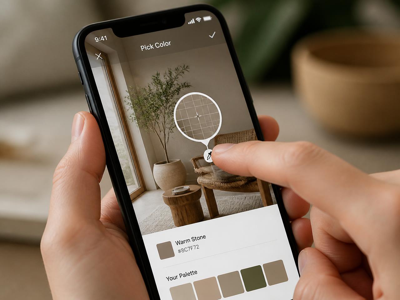 A finger tapping a color picker on a phone screen