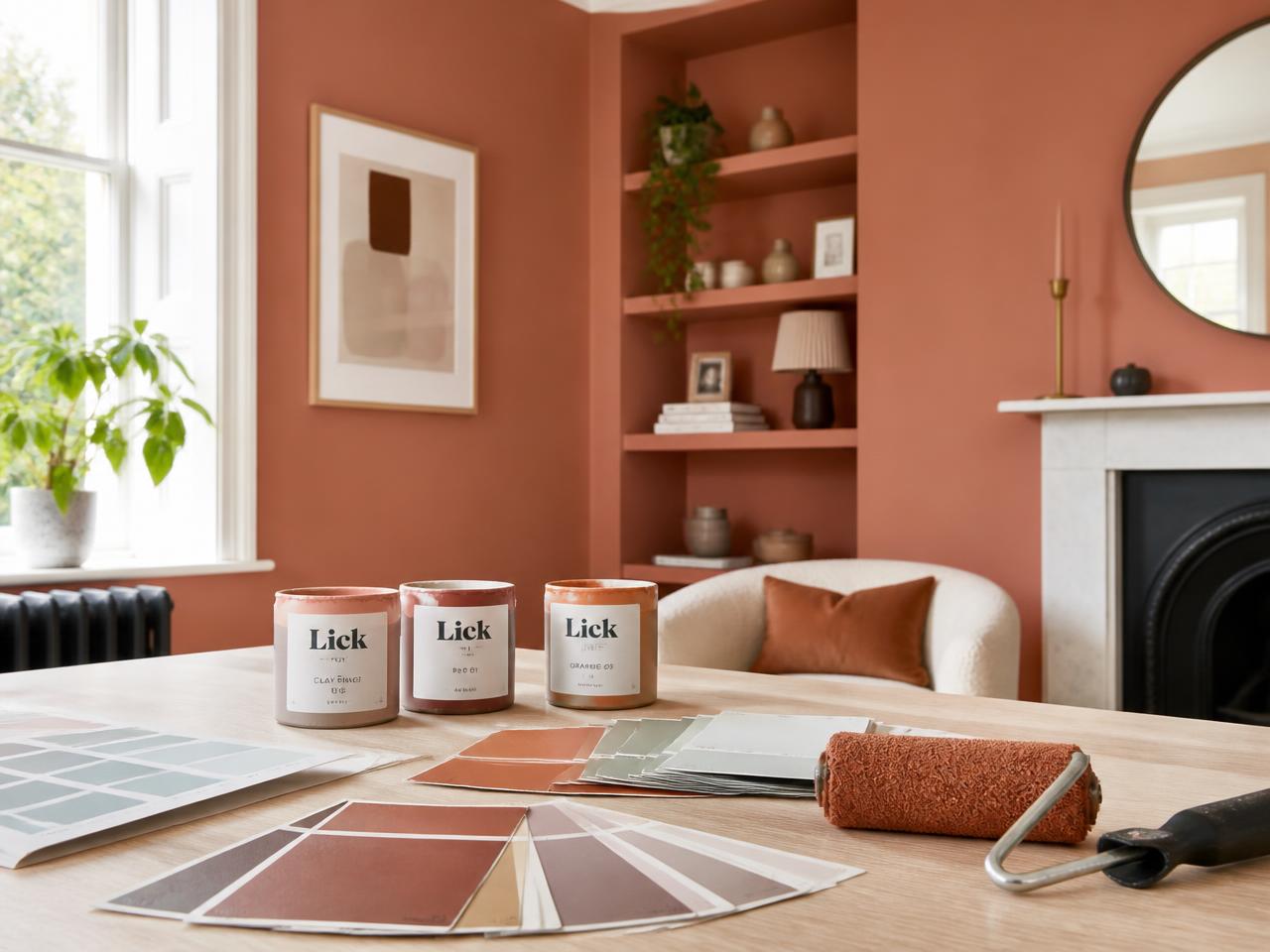 A freshly painted room with paint swatches and sample pots